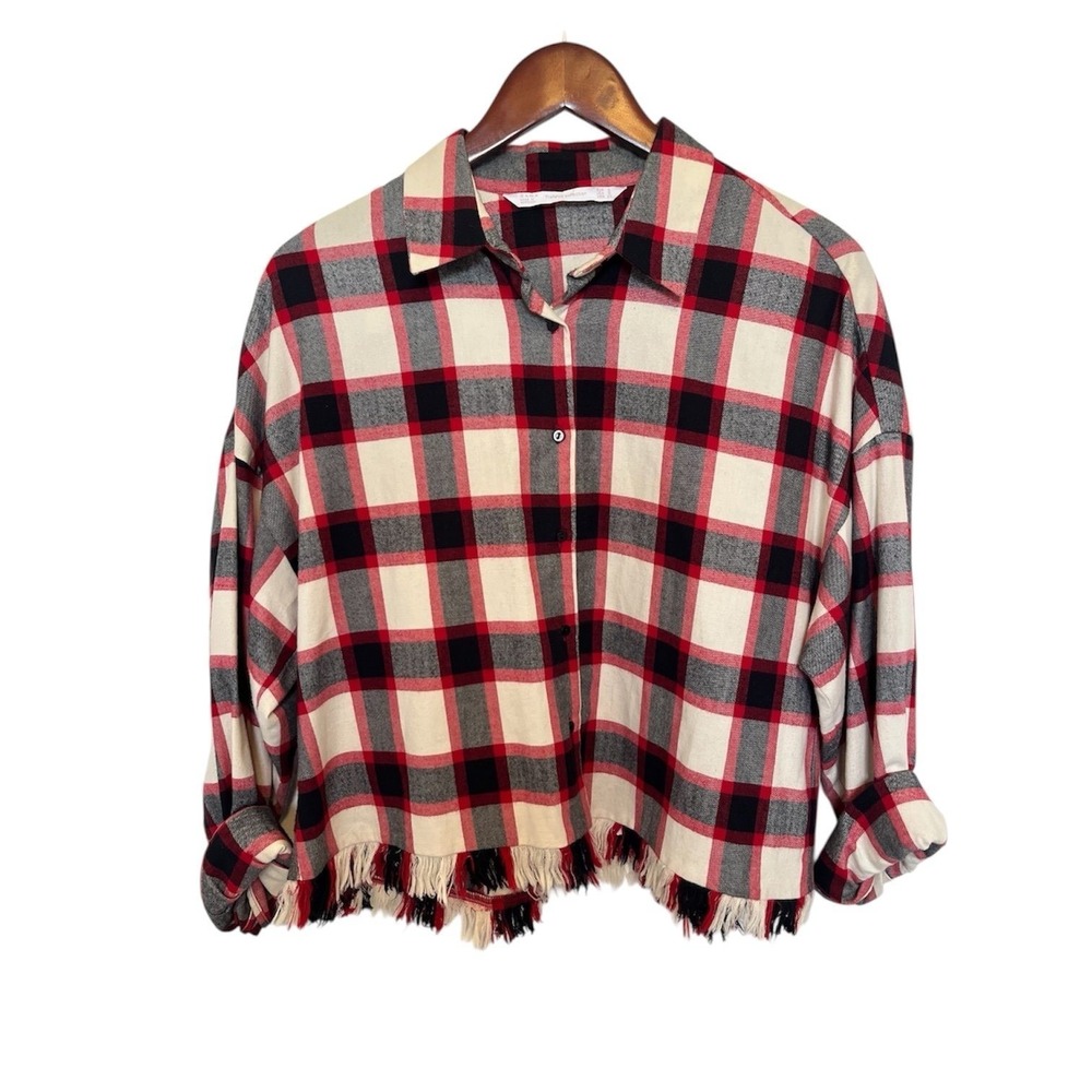 Zara Plaid Shirt Womens S‎ Red Fringe Hem Flannel Button Down